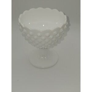 Vtg Fenton Hobnail Candy Rose Bowl Compote 70s Milk Glass Pedestal Scallop  5.5"